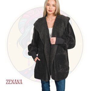 1C ZENANA Oversized Hooded Faux Fur Fuzzy Jacket in Black